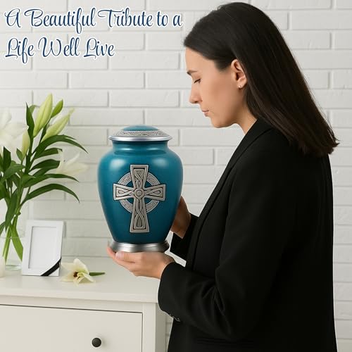 Image of Celtic Cross Engraved Cremation Urn for Human Ashes - Large Aluminum Funeral Urn for Adults (200 Cu in) - Handmade Memorial Urn with Velvet Bag - Durable Granite Finish Tribute Keepsake Urn