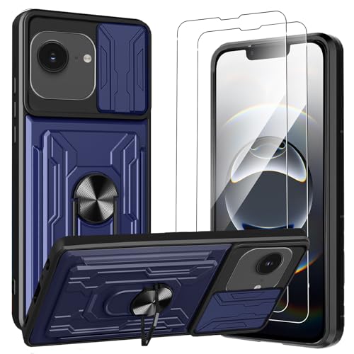 KZIOACSH Funda para iPhone 16e + 2× Cristal Templado,[Tapa Deslizante para la cámara] Anti-Choque con 360 Grados Magnetic Anillo Hard PC y Silicona TPU Bumper antigolpes Case,Azul