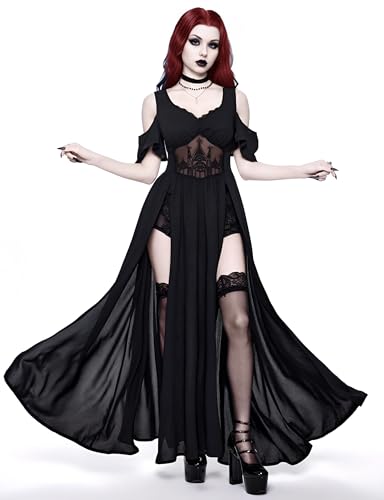 LANSHULAN Women Goth Embroidered Hollow Pattern Deep V-Neck Off Shoulder High Slit Halloween Dress4