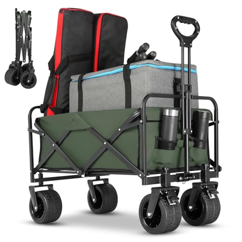 EVLIQUIL Beach Wagon,Collapsible Foldable Wagon Cart with Big Wheels,Utility Folding Grocery Lounge All Terrain Wagon with Side Pocket and Brakes for Sand Camping Sports Outdoor(Green).