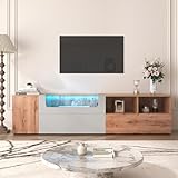 KecDuey Mueble de TV de 190 cm, con luces LED que cambian de color y tablero de cristal con compartimentos y puertas, muebles de salón en gris oscuro y colores de madera, estilo rústico natural
