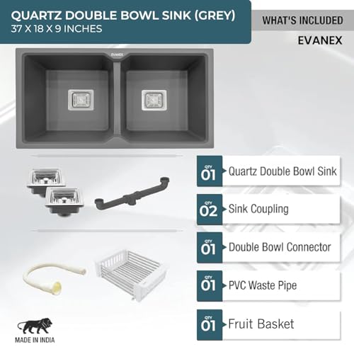 Image of EVANEX Quartz Sink for Kitchen | Double Bowl | Topmount /Undermount Kitchen Sinks | Grey Double Sink with Connector, Waste Pipe, Coupling and Drain Basket | 37x18x9 inch Granite Kitchen Sinks