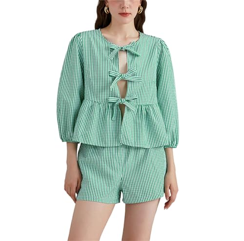 Image of Yuemengxuan Women Y2k Two Piece Plaid Lounge Sets Puff Sleeve Tie front Blouse Top High Waist Shorts Casual Pajamas Sets