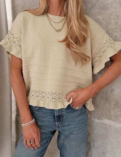 Yeokou Womens Short Sleeve Sweater Round Neck Ruffled Hem Knit Crochet Pullover Summer Fall Casual Top Blouse3