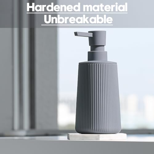 Image of Small Soap Dispenser for Bathroom and Kitchen, Modern Farmhouse Striped Style Plastic Hand Soap Dish Soap Dispenser with Pump Matte Gray
