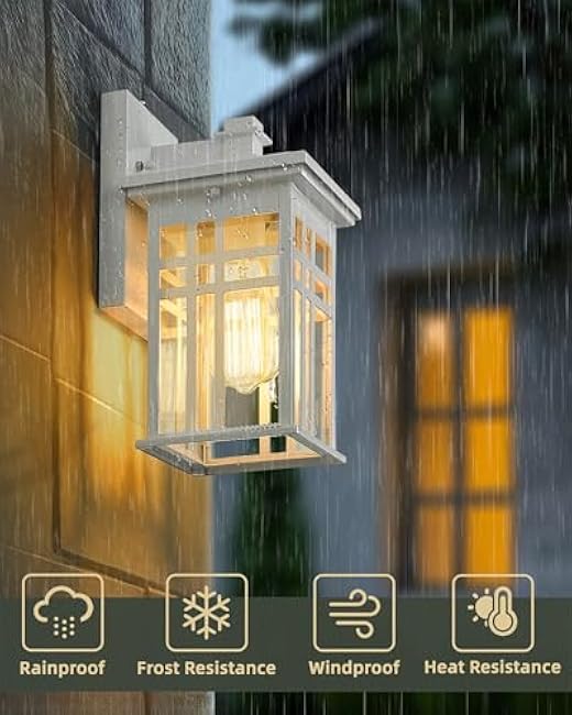 Dusk to Dawn Sensor Outdoor Wall Sconce - HWH Exterior Wall Lantern Light Fixture for Porch, Garage, Doorway, Garden, Glossy White Finish, 5HD27B-PC WH