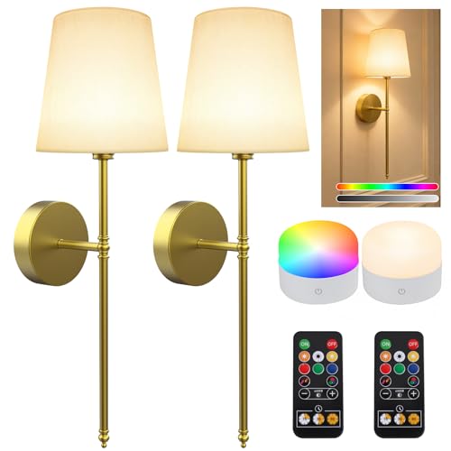 Image of Wall Sconces Set of Two, Battery Operated Rechargeable Wireless Sconces Wall Decor with Remote, RGB Dimmable Wall Lamp for Bedroom Living Room Hallway (Gold)