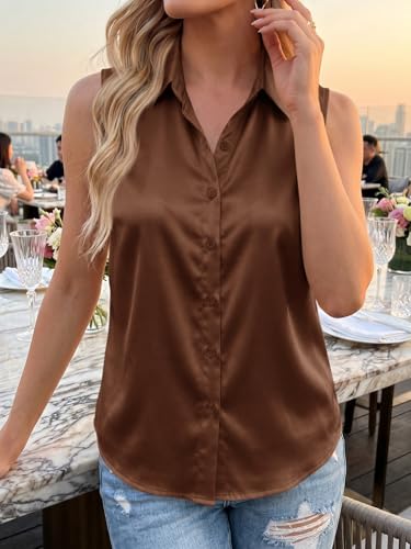 Image of Cicy Bell Womens Summer Satin Tank Tops Silky Casual Dressy V Neck Sleeveless Button Down Shirts Loose Fit Work Blouses