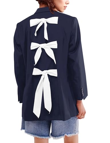 Women Casual Oversized Blazers Bow Tie Blazer Suit Lapel Open Front Office Blazer Jacket Button Down Work Cardigan Dark Blue