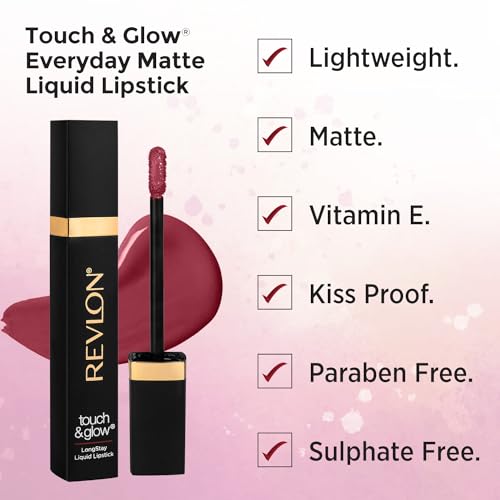 Image of Revlon Touch & Glow Everyday Matte Liquid Lipstick|Lightweight, Transferproof, Kiss Proof, Non Sticky infused Vitamin E|Parabeen & Sulphate free -Queenly Blush (Pack of 2)