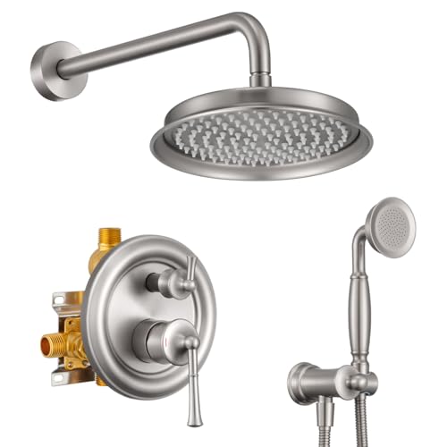 Image of Antique Shower Head with Handheld Spray Combo, Brushed Nickel Rain Shower System with Rough-in Balance Pressure Valve, 9 inch Bathroom Luxury Rain Fall Shower Head Wall Mount Round, (B2312-BN)