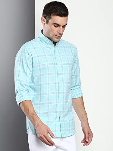 Image of Dennis Lingo Men's Checkered Slim Fit Cotton Linen Casual Shirt with Button-Down Collar & Full Sleeves