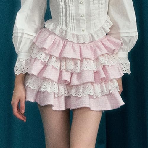 Women Ruffle Layered Mini Skirt High Waist Lace Patchwork Short Skirt Striped A-line Ruched Flowy Skrit3