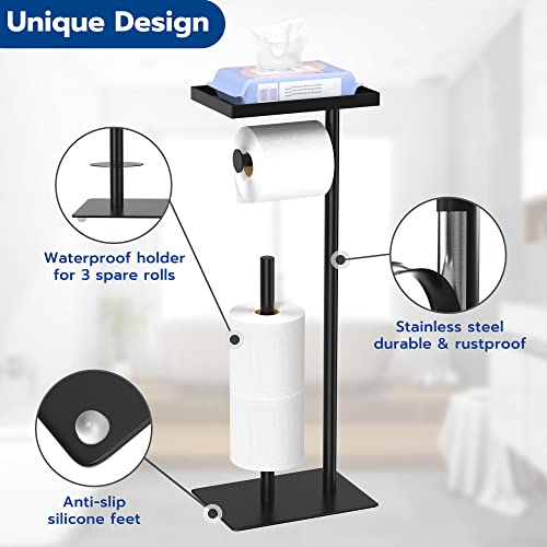 Susswiff-Free-Standing-Toilet-Roll-Holder-with-Top-Storage-Shelf-Black-Toilet-Paper-Holder-Stand-Floor-Standing-Toilet-Roll-Dispenser-Storages-4-Reserve-Rolls