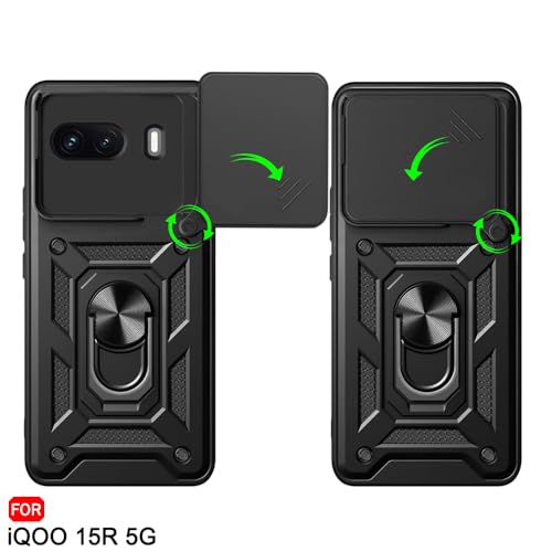 Image of TheGiftKart Back Cover Case for iQOO 15R 5G | Armor Bumper Case with Rotating Camera Cover, Kickstand & Ring Holder | 360 Degree Protection iQOO 15R Back Cover (PC & TPU, Black)