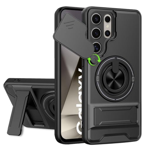 Image of AESTMO Samsung S24 Ultra 5G Back Cover | Armor Camera Slider 360 Degree Rotating Finger Ring Holder Case with Bracket Stand Back Case Cover (Compatible with MagSafe Accessories) (Black)