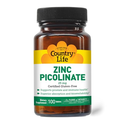 Country Life Zinc Picolinate 25 mg - Superior Absorption Zinc Supplement for Immune Support Prostate Health & Cellular Wellness - Certified Gluten-Free Vegan & Halal Non-GMO - 100 Tablets