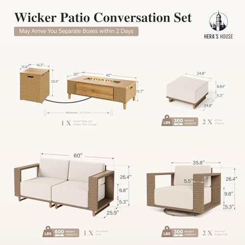 Image of HERA'S HOUSE 6 Pieces Patio Furniture Set with Swivel Chairs & Fire Pit, Outdoor Sectional Rattan Wicker Sofas with 10 inch Thick Cushion, Low Profile Lawn Deck Furniture with Wide Armrest