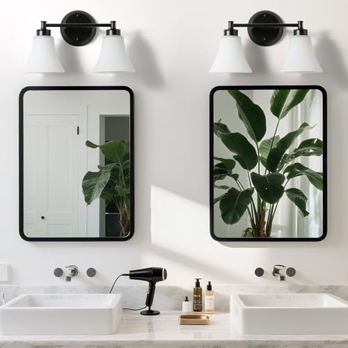 Image of LOUSACE 2 Light Bathroom Vanity Light Matte Black Bathroom Lighting Fixtures Over Mirror with Opal White Frosted Glass, Vintage Traditional Wall Lighting Fixture Vanity Lights