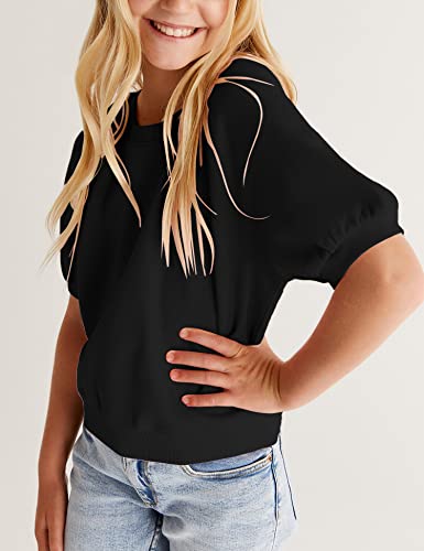 Image of Kids Girls Cute T-Shirt Short Puff Sleeve Basic Solid Casual Loose Pullover Ribbed Cuffs Hem Tees