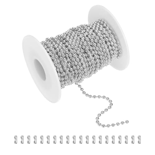 sourcing map Catena a sfere da 10 m, in acciaio inossidabile, rotolo con 20 connettori per appendere ornamenti, targhette per cani, portachiavi, decorazioni natalizie (argento, diametro esterno 3 mm)