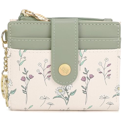 Image of Farcauo Small Floral Womens Wallet with keychain Cute Wallets for Women Thin Green Women's Wallet Kawaii Floral and Bow Card Purse for Ladies