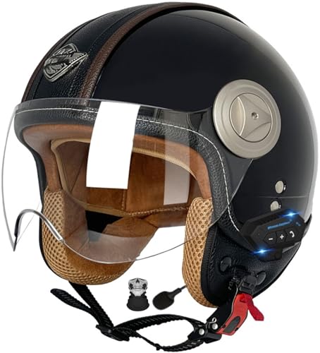 Casco Moto Jet Bluetooth Integrato Mezzo Casco,Vintage Scooter Jet Cascos Dot/Ece Omologato Con Visiera Caschi Da Moto Con Microfono Speaker Per Donna E Uomo Adulto 1,XXL