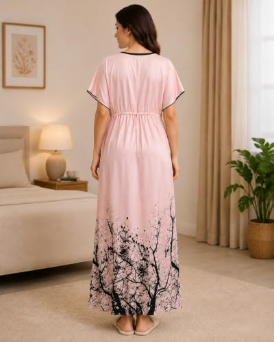 Image of Noty Women's Kaftan Nighty | Digital Print | Sarena Fabric | V Shaped Neck Nightwear | Nightdress for Girl