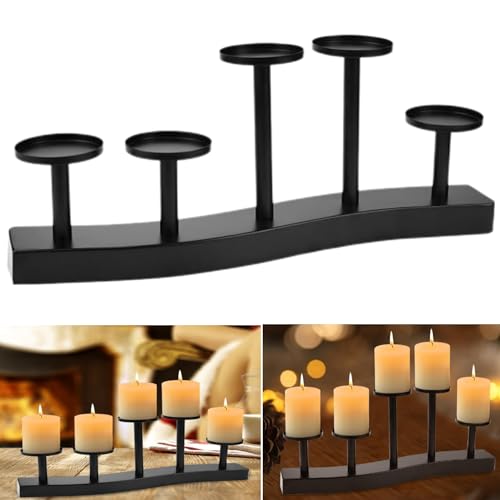 HEKOBAG Portavelas de Metal Negro Con 5 Bandeja, Cónico y de Pilar Mate, Soporte y Candelabro Para Decoración de Mesa