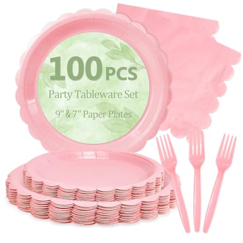 Image of 100 Light Pink Paper Plates and Napkins Disposable for Party, 25-9 inch&25-7 inch