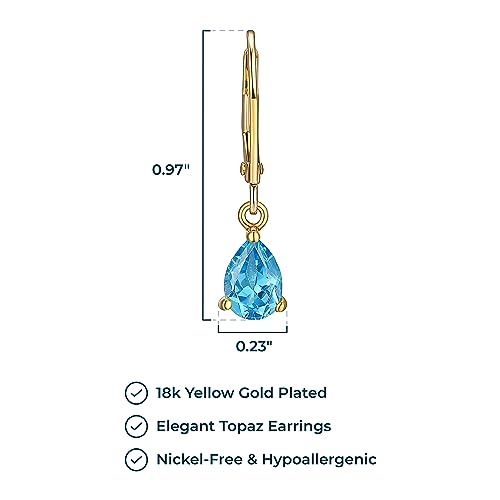 MORGAN & PAIGE .925 Sterling Silver 18K Gold Plated Swiss Blue Topaz Pear Cut 7x5mm Leverback Earrings for Women - Dainty Birthstone 1" Dangle Earrings Jewelry, Gemstone Birthday Gifts for Her3