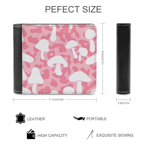 White Mushroom on Pink Leopard Soft PU Leather Bifold Wallet, Coin Purse Credit Pass Case, Durable Card-Holder Slim Billfold for Men Woman Money Storage2