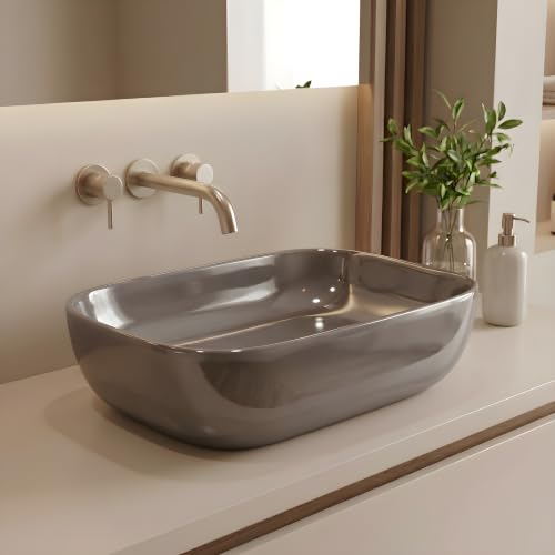 Image of VENICE Bathroom Vanity Sink Countertop Stylish & Durable Ceramic Tabletop Wash Basin Rectangular Vessel Bowl Metallic Grey Glossy Finish