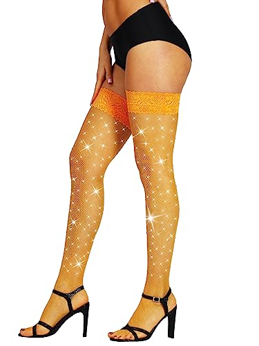 Image of SUREPOCH Sparkly Rhinestone Fishnet Thigh High Stockings for Women Silicone Lace Top