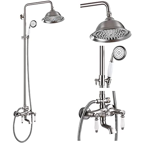 Flash Sale Buy 1 get 1 Brushed Nikcel Shower Faucet 8-inch Shower Head Fixture with Handheld Spray Double Lever Handle Tub Spout Triple Function Bathroom Set Wall Mount