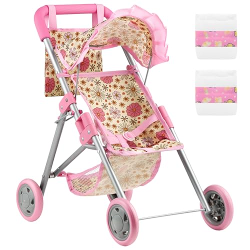 GAGAKU Puppenwagen für Babypuppen - Faltbarer Spielzeug-Buggy für Mädchen & Kinder ab 3 Jahren mit Speicherkorb & Tasche, Windeln - Accessoires für 45cm Reborn Baby, Daisies Pattern