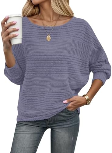 WNEEDU Pullover Damen Herbst Elegant Dünne Fledermausärmel Strickpullover | Herbst outfit, winterpullover, langarm pulli sweatshirt, geripptes sweater, langarmshirt, lässig obertei