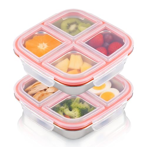 Hahorpa Lot de 2 Boite Compartiment Alimentaire Inox, Boite Hermetique Alimentaire Étanche à 3 Compartiments, Box a Gouter Enfant Réutilisable avec...
