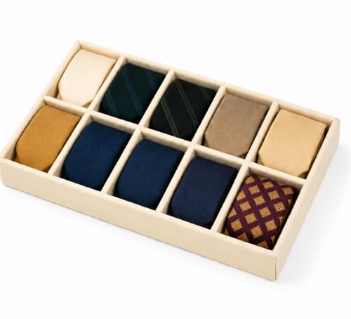 Image of 10 Slot Tie Organizer Tray for Ties and Accessories, Cream | Closet drawer storage tray with dividers for ties, pocket squares, belts, watches and small mens accessories arranged neatly