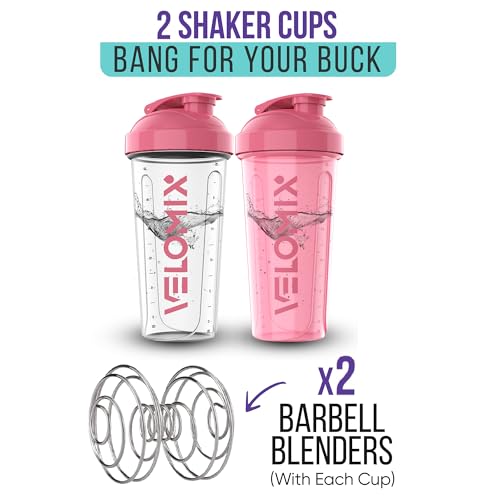 -2 Pack- 28 oz Protein Shaker Bottles for Protein Mixes - 2x Wire Whisk | Leak Proof Shaker Cups for Protein Shakes | Protein Shaker Bottle Pack (Pink/Transparent)