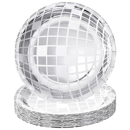 Yymobt 50 Pcs Disco Paper Plates 9 Inch Disco Plates Disco Ball Paper Plates Party Supplies for Party Birthday Carnival Wedding Graduation Celebrating, Silver