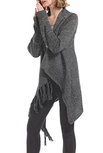 Image of Women's Open Front Knited Tassels Slash Loose Cardigan Crew Neck Speckled Fringe Sweater Outwear