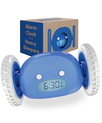 CLOCKY Reloj Despertador Potente Ruidoso Sonido Muy Fuerte para Dormilones Sordos Sueño Profundo Adultos Niños Dormitorio, Despertador Digital Inteligente con Ruedas Se Mueve, Regalo Divertido (Azul)