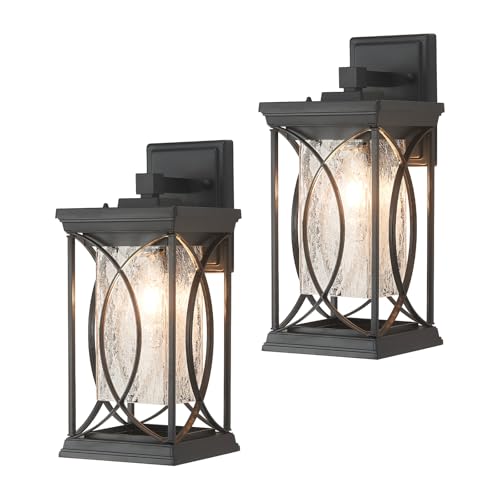 Image of Refice Aluminum 15 inch Outdoor Wall Light, IP65 Waterproof Outside Lights for House with Rippled Glass Shade, Black Exterior Lighting Fixtures for Patio, Garage, Front Door, Garden & Porch, 2 Pack