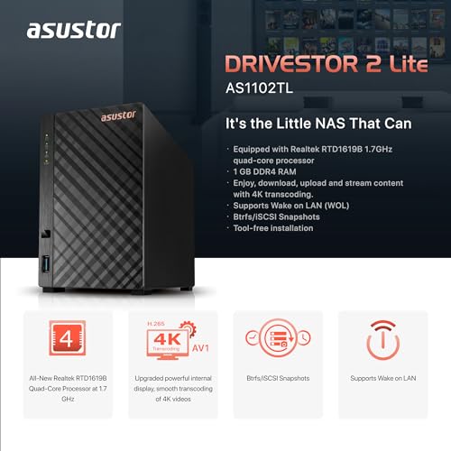 Image of Asustor Drivestor 2 Lite AS1102TL, 2 Bay NAS, 1.7GHz Quad Core, 1GbE Port, 1GB RAM DDR4, Personal Private Cloud, Backup for Home & Small Office, Network Attached Storage(Diskless)