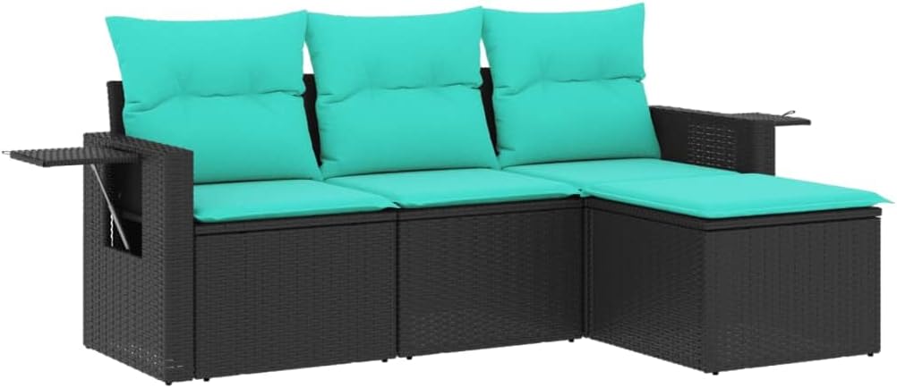 vidaXL Outdoor Patio Sofa Set - 4 Piece Black PE Rattan, Cushioned Lounge Furniture for Garden/Deck/Terrace with Modular Design and Foldable Side Tables, UV-