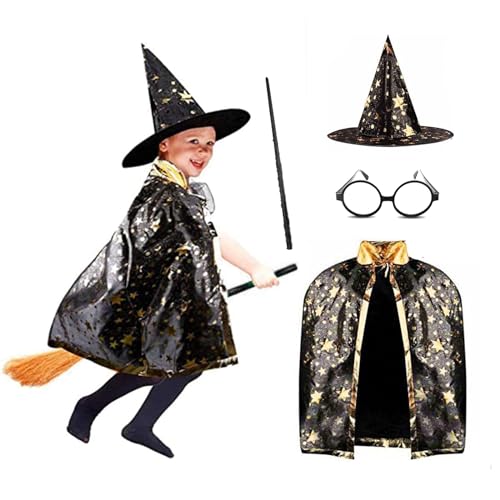 Anzmtosn Halloween Kostüme Hexen Zauberer Umhang mit Hut Zauberer Cape und Hut Kinder Kostüm Cosplay Kostüm für Kinder