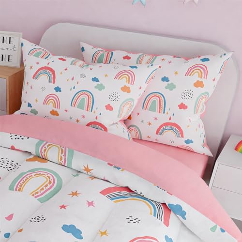 Image of SANDJEST Rainbow Full Bedding Set for Girls, Ultra Soft Microfiber Comforter Set Full Size with 4-Pieces for Kids Teen, Bed Set Comforters for Bedroom Decor