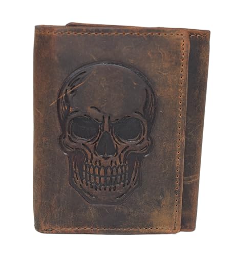 MARSHAL Men’s Genuine Leather Skull Wallet – Trifold RFID Blocking Biker Wallet with ID Window & Snap Closure (Brown No Chain)