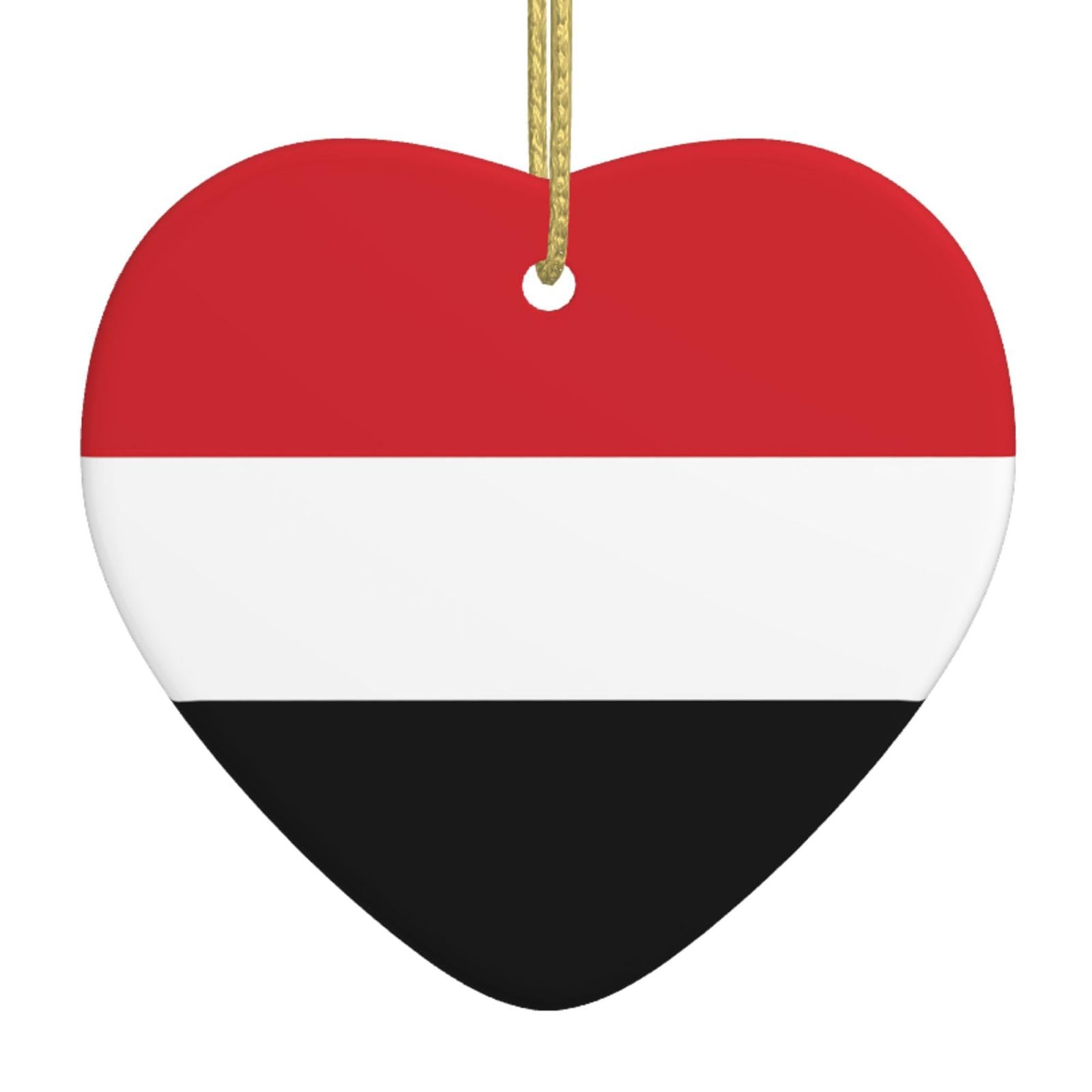 Yemeni Flag Ceramic Christmas Heart Pendant with Silk Thread, Christmas Tree Home Decoration